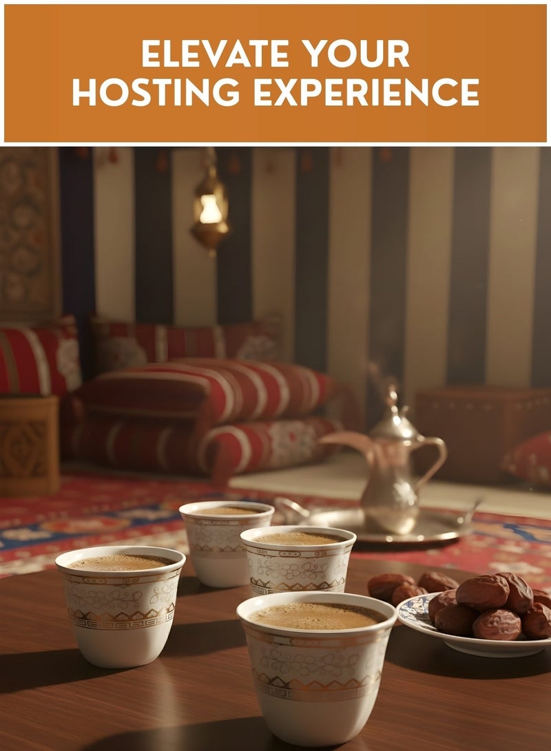 Arabic Qahwa Cups Set 12 PCS – Premium Porcelain Finjan Coffee Cups with Gold Design, Small Handleless Arabic Coffee Cups for Majlis, Home & Gift - Image 5